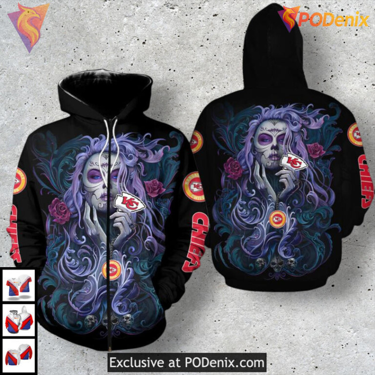 Kansas City Chiefs Kids Hoodie Gothic Skull Rose Full Print Fan Apparel - 1