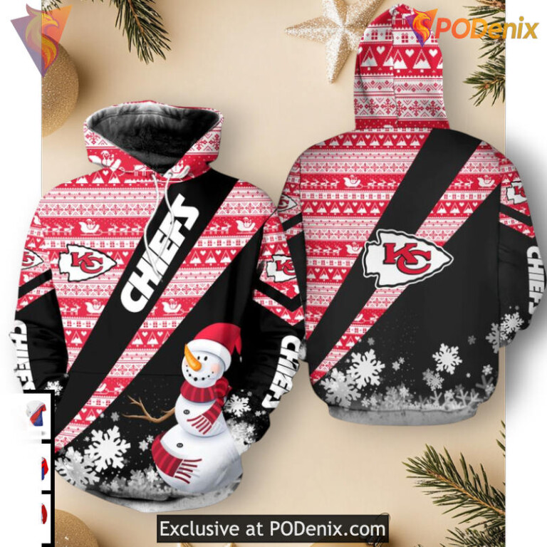 Kansas City Chiefs Kids Hoodie Holiday Snowman Theme, Xmas Zip Up Fanwear - 1