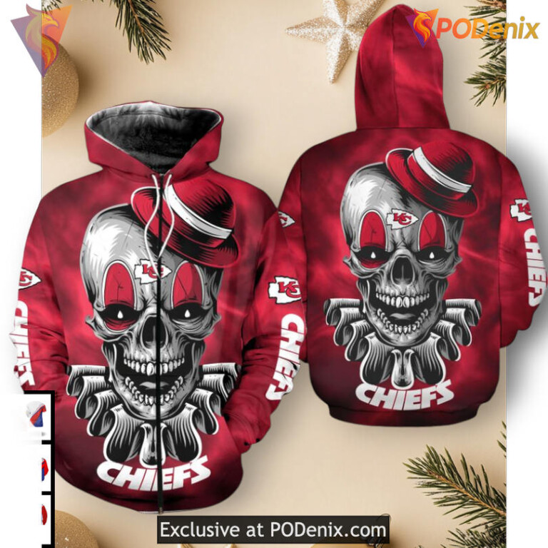 Kansas City Chiefs Womens Hoodie Skull Clown 3D Artwork, Cozy Fleece Zip Up - 1