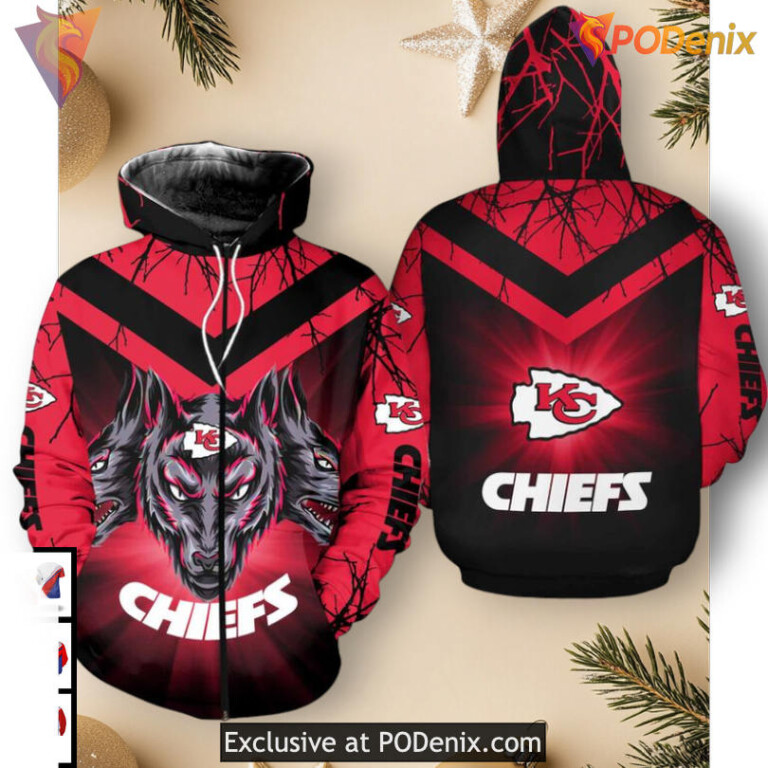 Kansas City Chiefs Youth Hoodie Wolf Halloween 3D Print, Fleece Zip Up Edition - 1