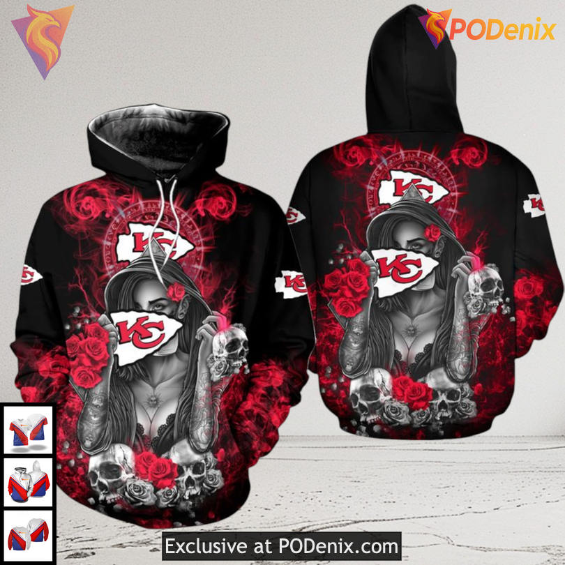 Kc Chiefs Hoodie Skull Rose Artwork with NFL Spirit Quote for Women Kc Chiefs Hoodie Skull Rose Artwork with NFL Spirit Quote for Women