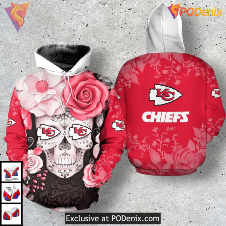 Kc Chiefs Hoodie Sweatshirt Youth Skull Floral Artwork Fan Inspired Apparel