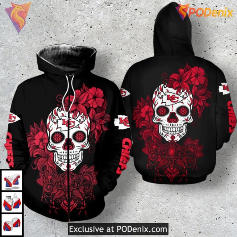 Kc Chiefs Zip Up Hoodie Skull Rose 3D Artwork Limited Chiefs Fan Apparel - 2