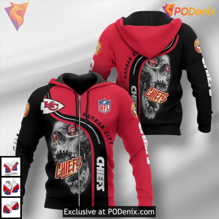 Menacing Skull Youth Kansas City Chiefs Hoodie, Halloween 3D Fan Gear