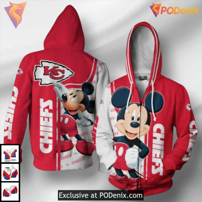 Mickey Disney Graphic Kansas City Chiefs Hoodies For Men, Custom Zip Edition - 1