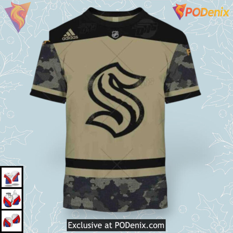 Military Practice Jersey Tribute NHL Custom Name Seattle Kraken Hoodie 3D - 2