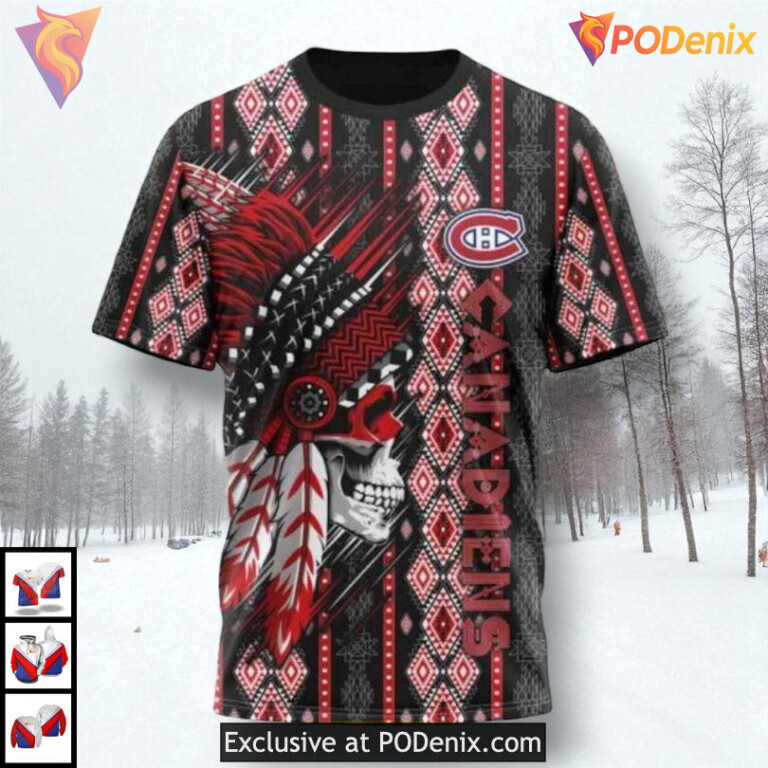 Native Skull Artwork Design NHL Montreal Canadiens Mens Hoodie 3D - 2