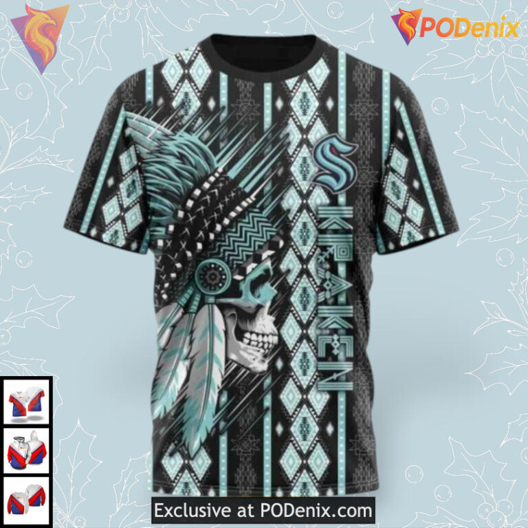 Native Skull Artwork Graphic Custom NHL Personalized Seattle Kraken Hoodie 3D - 2