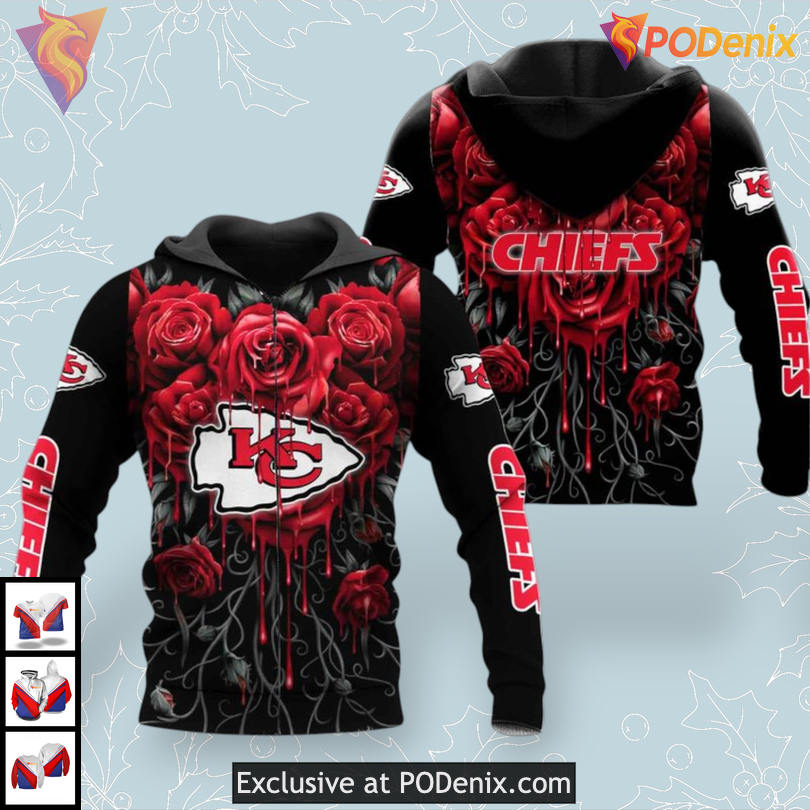 NFL Kansas City Chiefs Hoodie 3D, Dripping Rose Graphic Fan Edition NFL Kansas City Chiefs Hoodie 3D, Dripping Rose Graphic Fan Edition