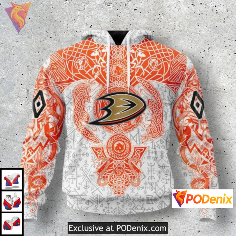 Norse Viking Symbol Design Anaheim Ducks Hoodie 3D Pullover Sweatshirt Custom Name