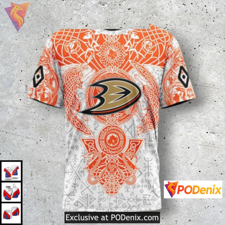 Norse Viking Symbol Design Anaheim Ducks Hoodie 3D Pullover Sweatshirt Custom Name - 2