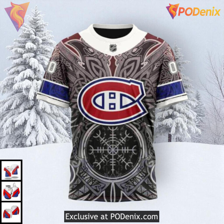 Norse Viking Symbols Pattern NHL Vintage Montreal Canadiens Hoodie 3D - 4