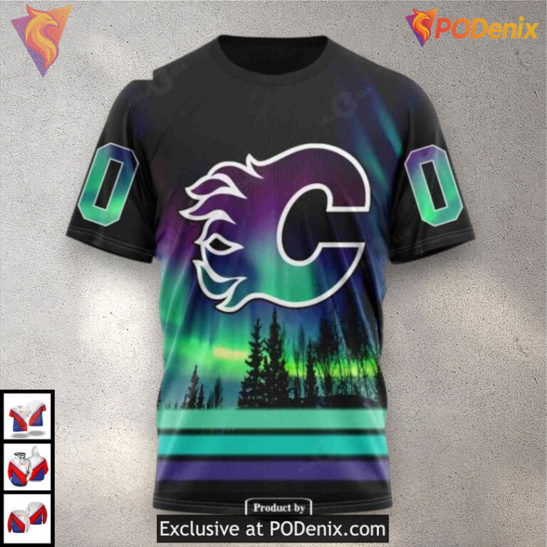 Northern Lights Artwork Calgary Flames Graphic Hoodie 3D NHL Sweatshirt - 1