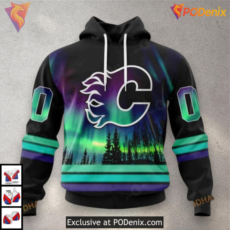 Northern Lights Artwork Calgary Flames Graphic Hoodie 3D NHL Sweatshirt - 3