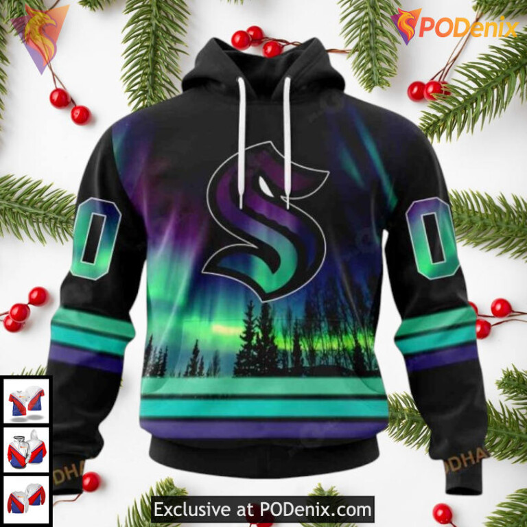 Northern Lights Aurora Scene Tribute Seattle Kraken Zip Up Hoodie 3D NHL