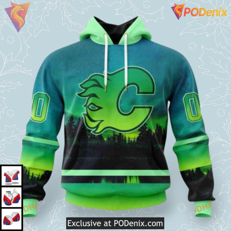 Northern Lights Design Custom Name Calgary Flames Hoodie 3D Edition