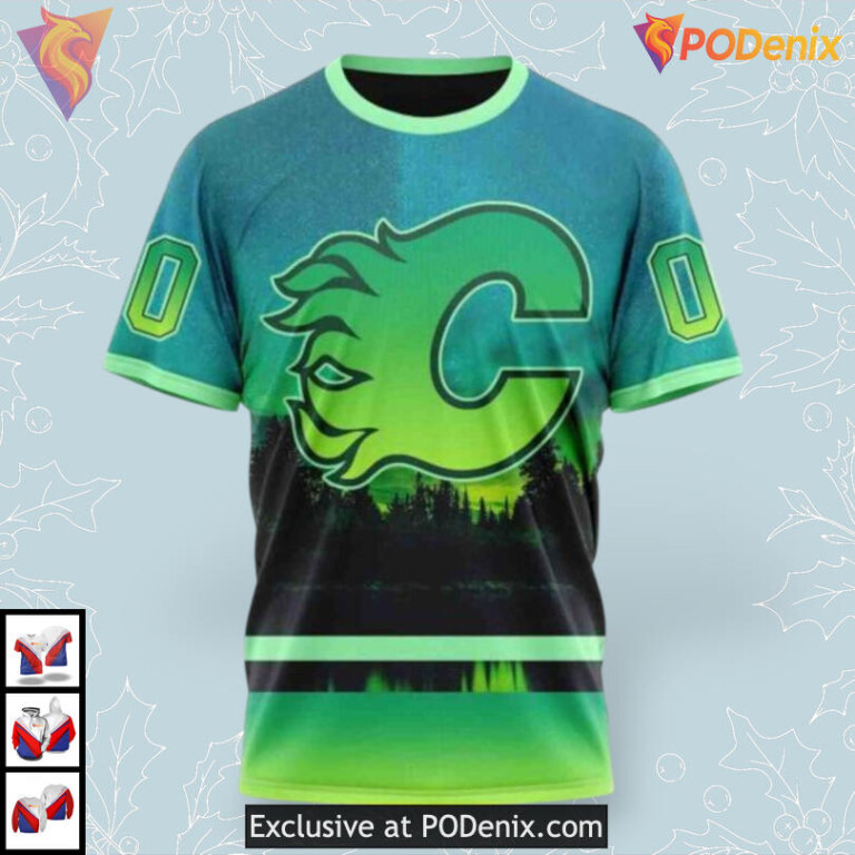 Northern Lights Design Custom Name Calgary Flames Hoodie 3D Edition - 2
