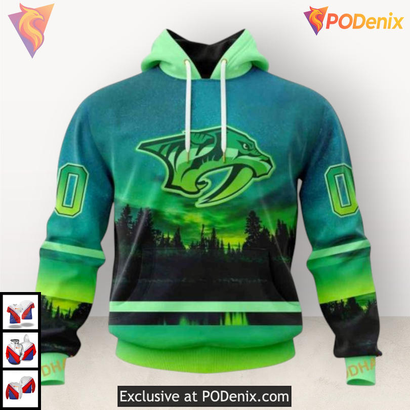 Northern Lights Inspired Print Nashville Predators Graphic Hoodie Custom 3D Northern Lights Inspired Print Nashville Predators Graphic Hoodie Custom 3D
