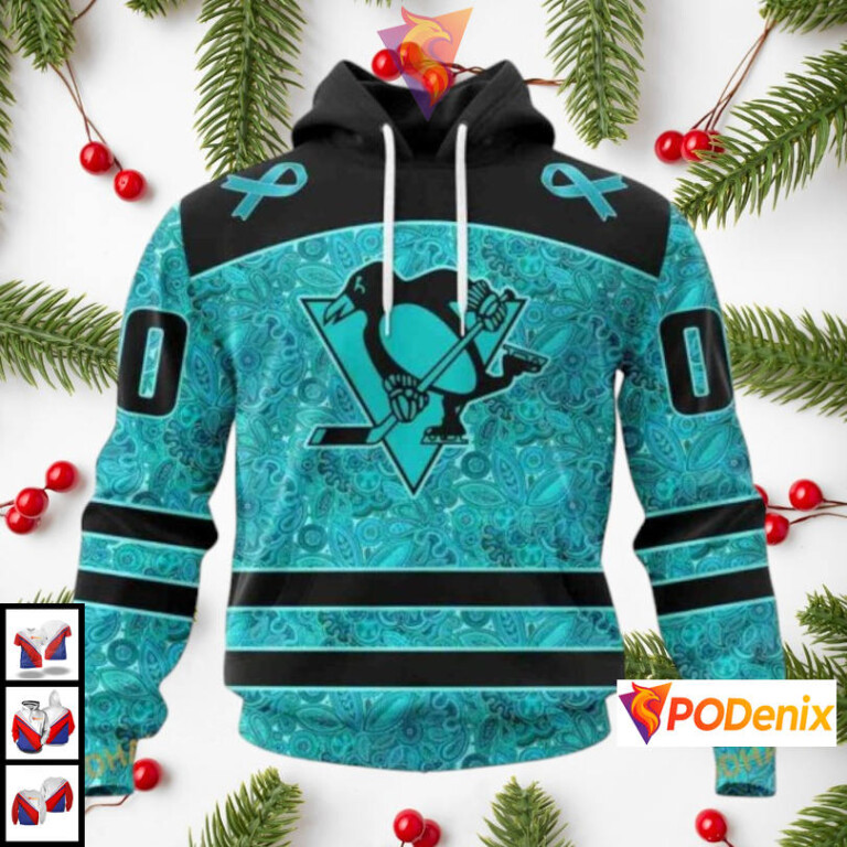Ovarian Cancer Awareness Design Custom Number Pittsburgh Penguins Hoodie NHL 3D