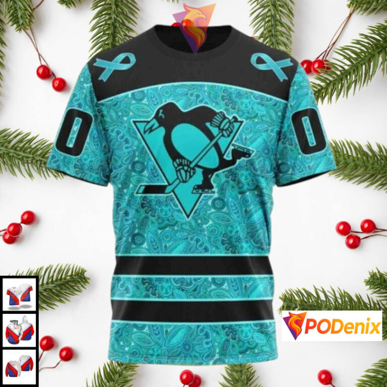 Ovarian Cancer Awareness Design Custom Number Pittsburgh Penguins Hoodie NHL 3D - 2