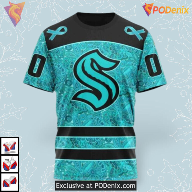 Ovarian Cancer Awareness Edition NHL Custom Number Seattle Kraken Hoodie 3D - 2