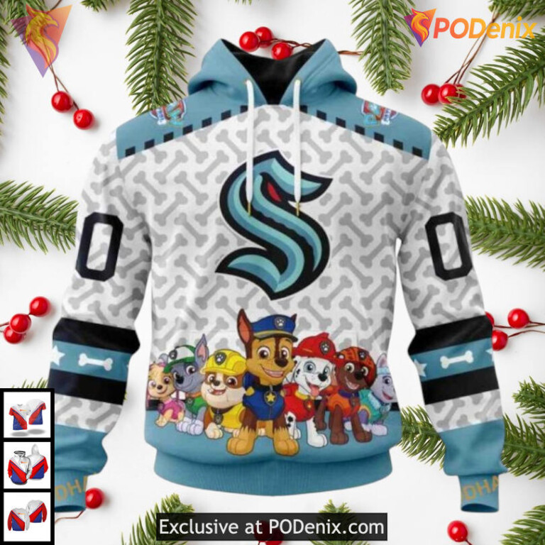 Paw Patrol Cartoon Theme Graphic Style Seattle Kraken Holiday Hoodie 3D NHL