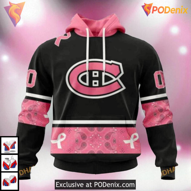 Pink Breast Cancer Awareness Design NHL Retro Montreal Canadiens Hoodie 3D