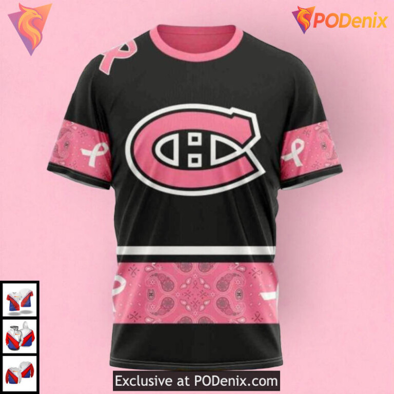 Pink Breast Cancer Awareness Design NHL Retro Montreal Canadiens Hoodie 3D - 2
