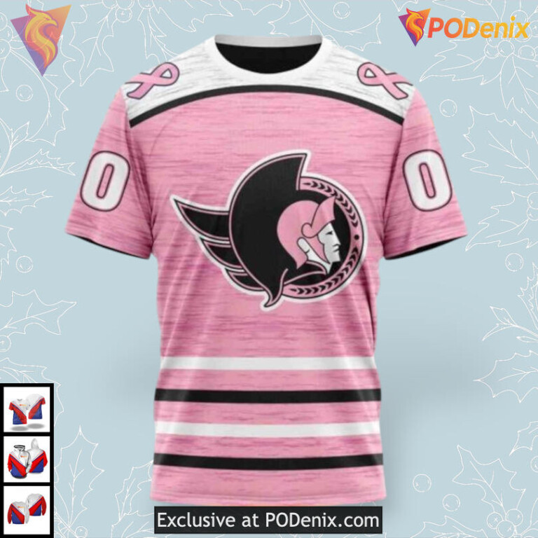 Pink Breast Cancer Awareness Tribute NHL Ottawa Senators Zip Up Hoodie 3D - 2