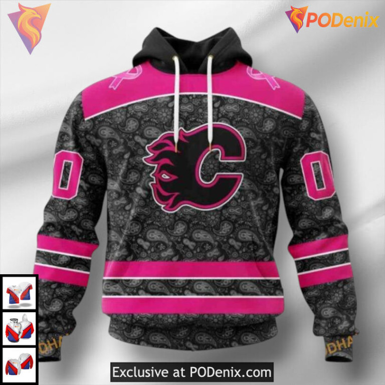 Pink In The Rink Breast Cancer Awareness Calgary Flames Zip Up Hoodie 3D