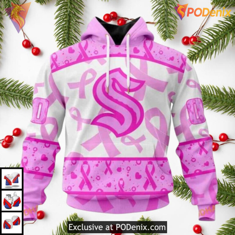 Pink October Awareness Month Tribute Seattle Kraken Kids Hoodie 3D NHL