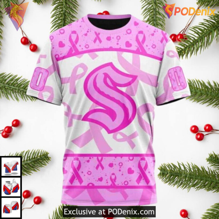 Pink October Awareness Month Tribute Seattle Kraken Kids Hoodie 3D NHL - 2