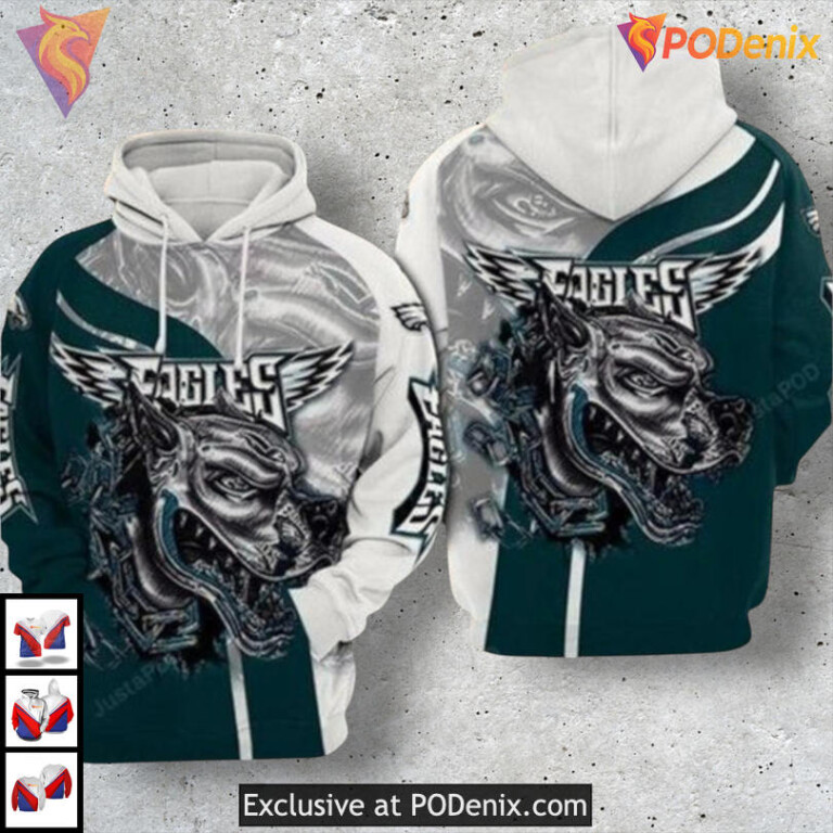 Pit Bull Terrier Art 3D Print Philadelphia Eagles Zip Up Hoodie NFL Fan Apparel