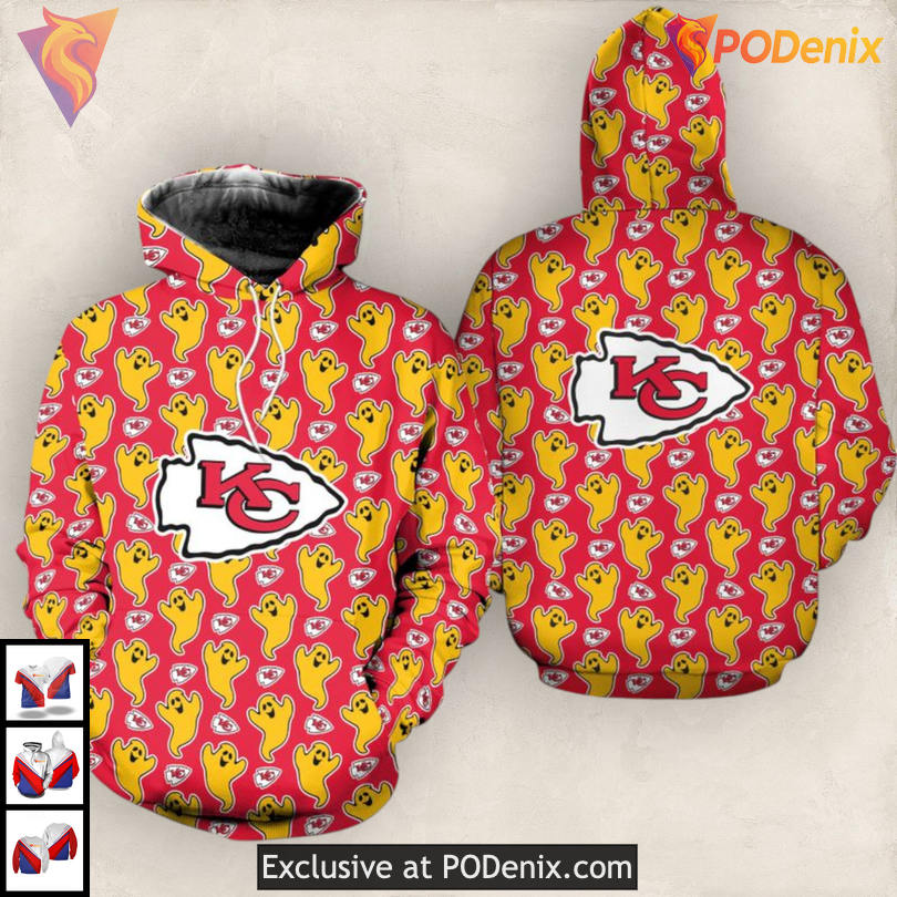 Playful Ghost Artwork Kansas City Chiefs Youth Hoodie 3D Halloween Fun Playful Ghost Artwork Kansas City Chiefs Youth Hoodie 3D Halloween Fun