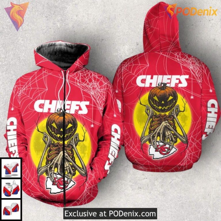 Pumpkin Monster Halloween Kc Chiefs Hoodie Sweatshirt, Unisex 3D Zip Up Design - 1
