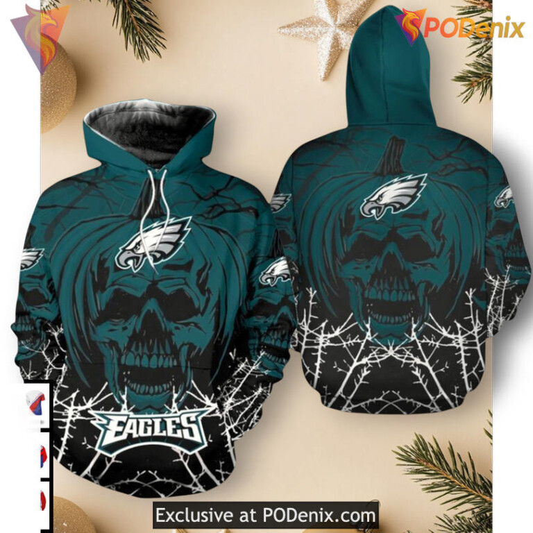 Pumpkin Skull Artwork Philadelphia Eagles Mens Hoodies Zip Up 3D Pullover