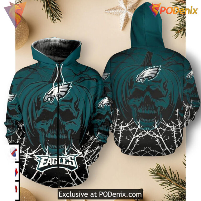 Pumpkin Skull Artwork Philadelphia Eagles Mens Hoodies Zip Up 3D Pullover - 1