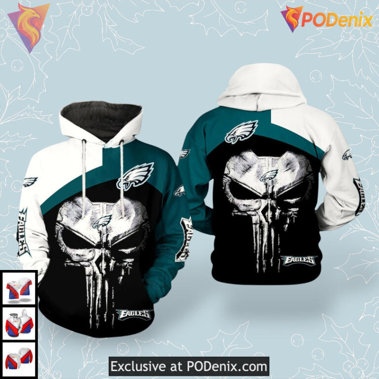 Punisher Theme Skull Artwork Philadelphia Eagles Mens Hoodies Zip Up Team Gear