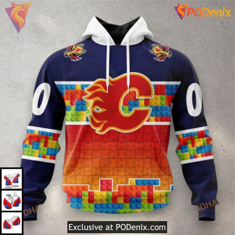 Puzzle Game Gradient Full Color Custom Number Calgary Flames Hoodie 3D Edition - 1
