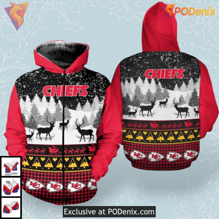 Reindeer Graphic Custom Kc Chiefs Youth Hoodie Winter Fleece Fan Edition - 1