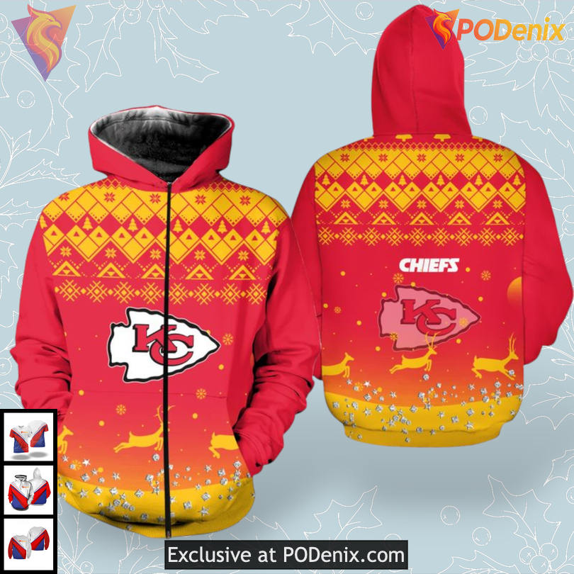 Reindeer Pattern Kansas City Chiefs Youth Hoodie Holiday 3D Limited Gear Reindeer Pattern Kansas City Chiefs Youth Hoodie Holiday 3D Limited Gear