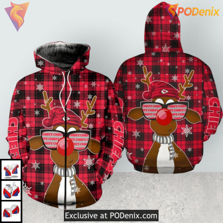 Reindeer Sunglasses Christmas Kc Chiefs Hoodies, Sweatshirt Zip Up 3D Gift - 1