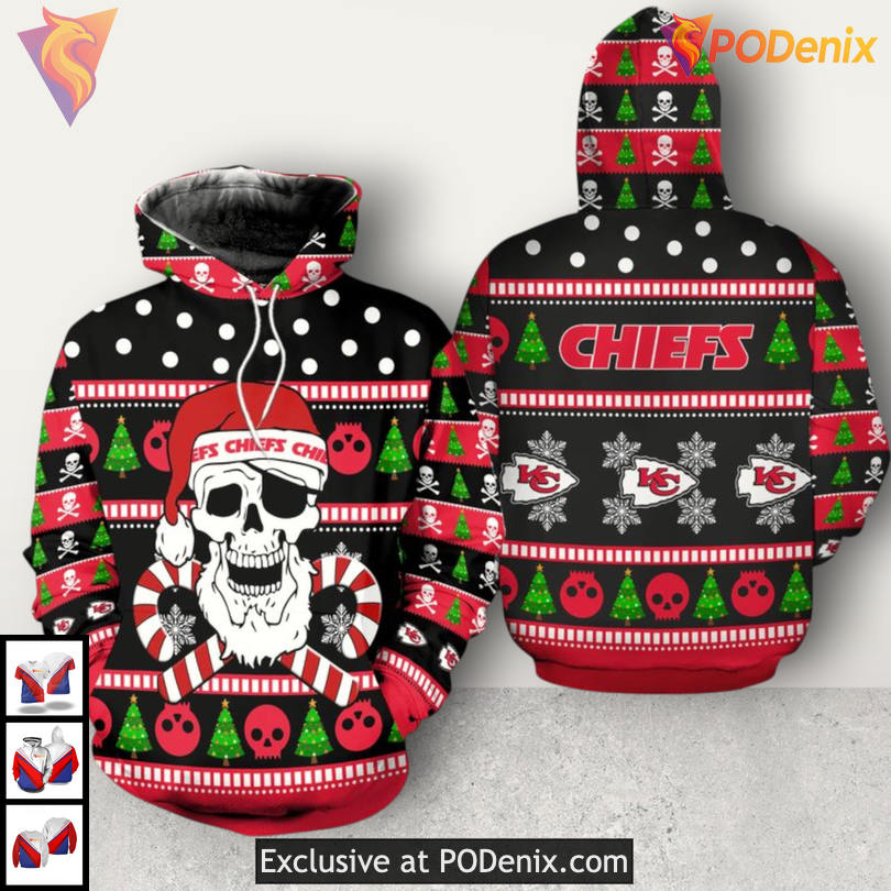 Santa Skull Pattern Kansas City Chiefs All Over Print Hoodie 3D Fan Gear Santa Skull Pattern Kansas City Chiefs All Over Print Hoodie 3D Fan Gear