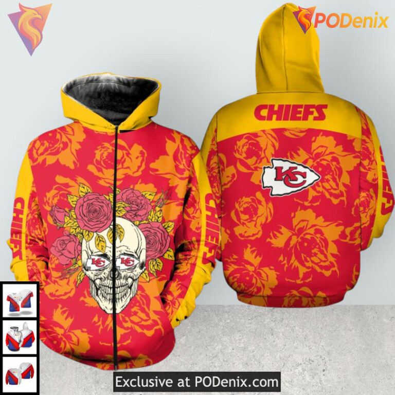 Skull and Rose Pattern Kansas City Chiefs Hoodie 3D, Zip Up Fan Apparel