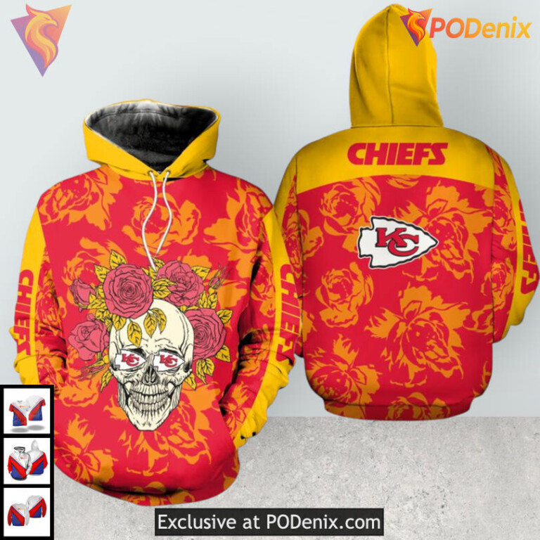 Skull and Rose Pattern Kansas City Chiefs Hoodie 3D, Zip Up Fan Apparel - 1