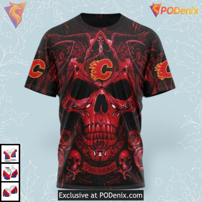 Skull Art Concept Custom Number Calgary Flames Hoodie 3D Sweatshirt - 2