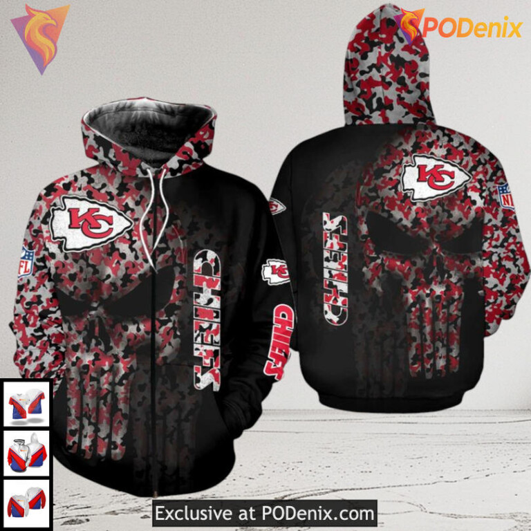Skull Camo Punisher Inspired Kansas City Chiefs Vintage Hoodie Mens Fan Gear