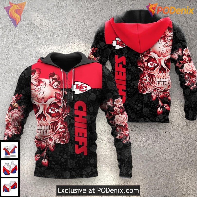 Skull Graphic Rose Pattern Kc Chiefs Hoodies 3D Fan Apparel Chiefs Edition Skull Graphic Rose Pattern Kc Chiefs Hoodies 3D Fan Apparel Chiefs Edition