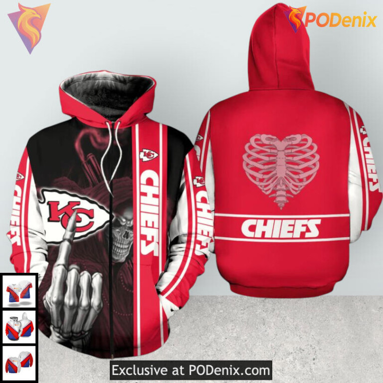 Skull Graphic Youth Kansas City Chiefs Hoodie, Limited Zip Up Fan Edition - 1