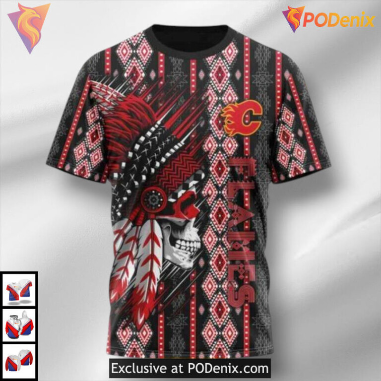 Skull Native Pattern Calgary Flames Hoodie 3D Cultural Sweatshirt - 2